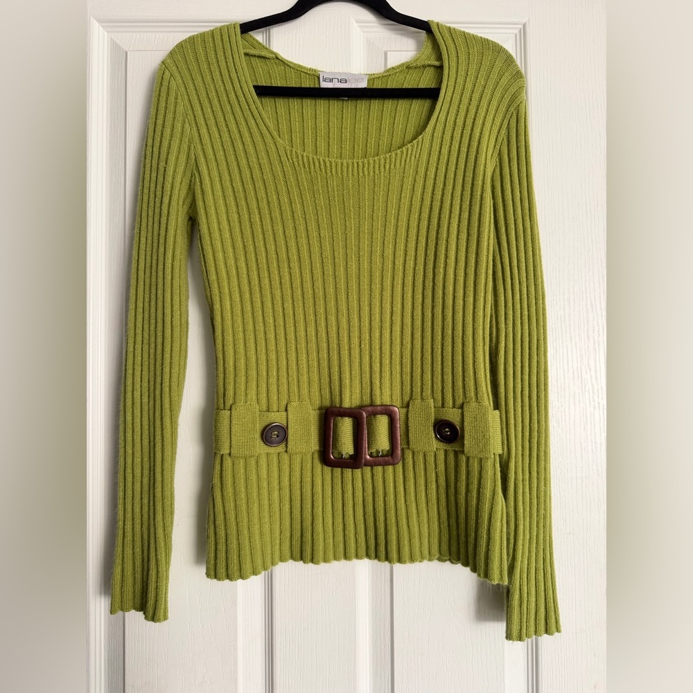 Y2K Green Ribbed Scoop Neck Sweater with Belt Detail